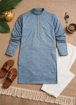 blue khadi cotton kurta pajama with embroidered work 5