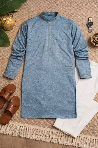 blue khadi cotton kurta pajama with embroidered work