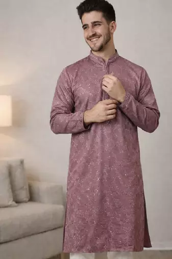 lavender khadi cotton kurta pajama with embroidered work
