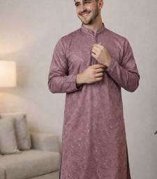 Lavender color embroidery mirror work khadi cotton kurta payjama set