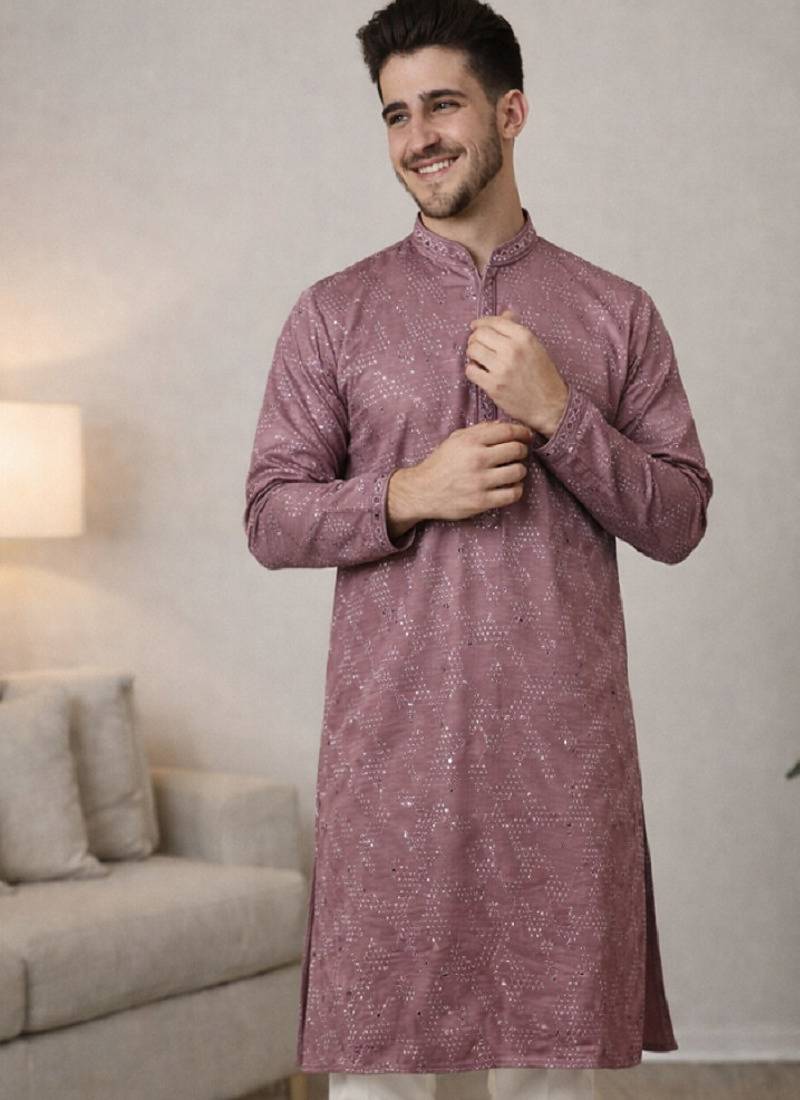 Lavender color embroidery mirror work khadi cotton kurta payjama set