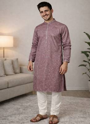 lavender khadi cotton kurta pajama with embroidered work 1