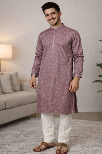 Lavender color embroidery mirror work khadi cotton kurta payjama set