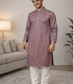 Lavender color embroidery mirror work khadi cotton kurta payjama set