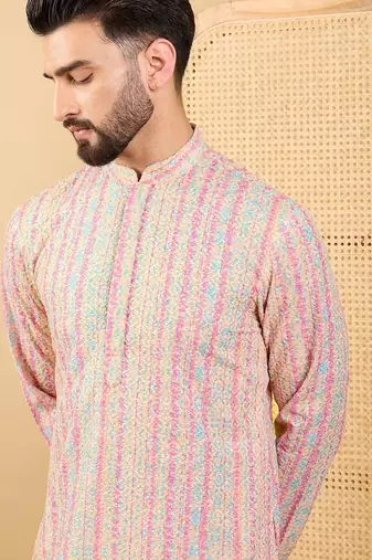 Men's peach viscose rayon striped embroidered straight chikankari kurta