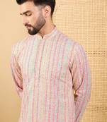 Men's peach viscose rayon striped embroidered straight chikankari kurta