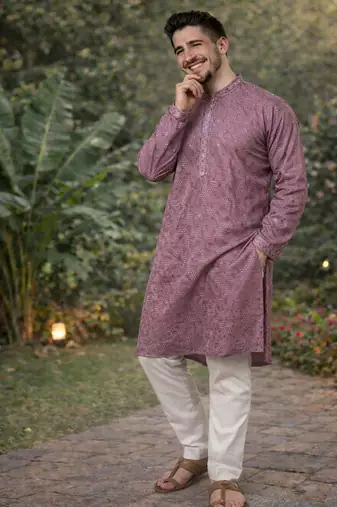 lavender khadi cotton kurta pajama with embroidered work