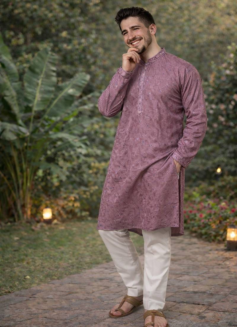 Lavender color embroidery mirror work khadi cotton kurta payjama set