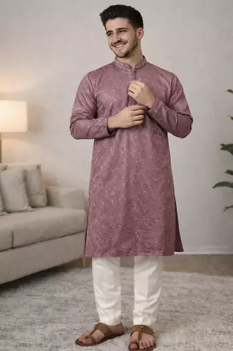 lavender khadi cotton kurta pajama with embroidered work