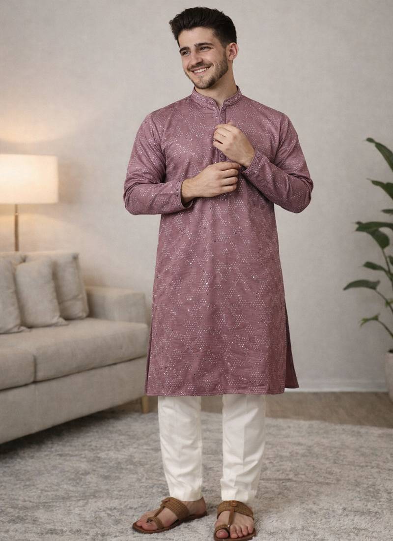 Lavender color embroidery mirror work khadi cotton kurta payjama set