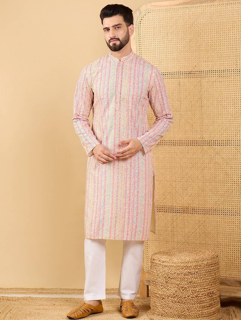 Men's peach viscose rayon striped embroidered straight chikankari kurta
