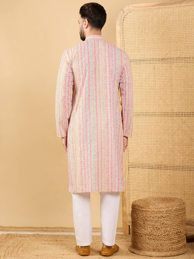 Men's peach viscose rayon striped embroidered straight chikankari kurta