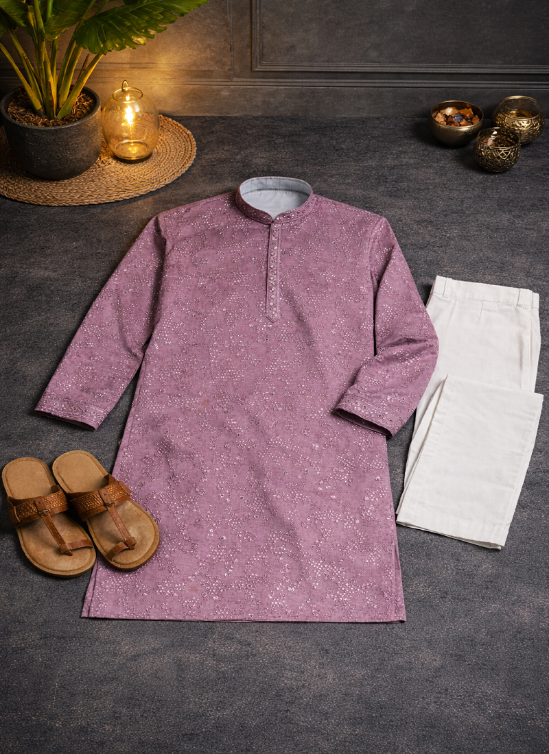 Lavender color embroidery mirror work khadi cotton kurta payjama set