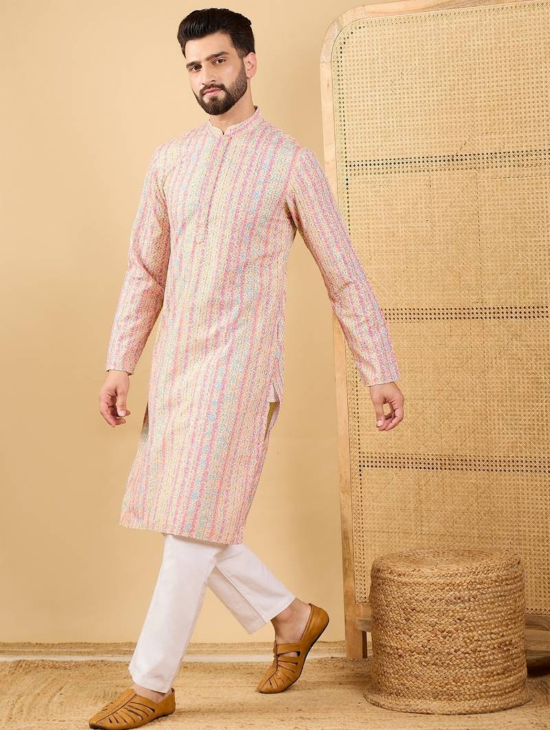 Men's peach viscose rayon striped embroidered straight chikankari kurta