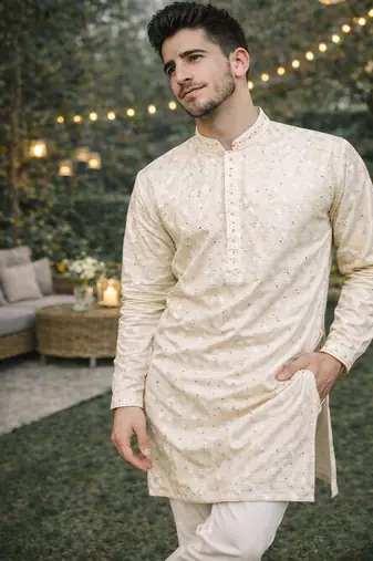 off white khadi cotton kurta pajama with embroidered work