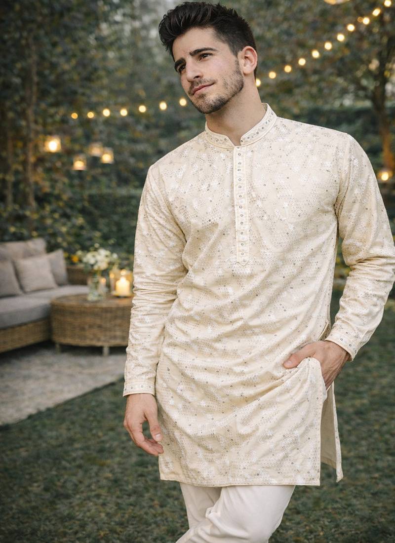 Off white color embroidery mirror work khadi cotton kurta payjama set