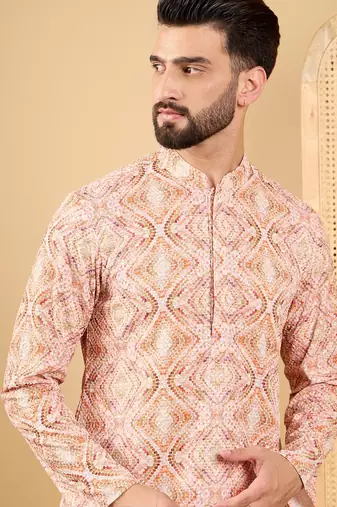 Men orange viscose rayon geometric embroidered straight kurta
