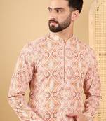Men orange viscose rayon geometric embroidered straight kurta