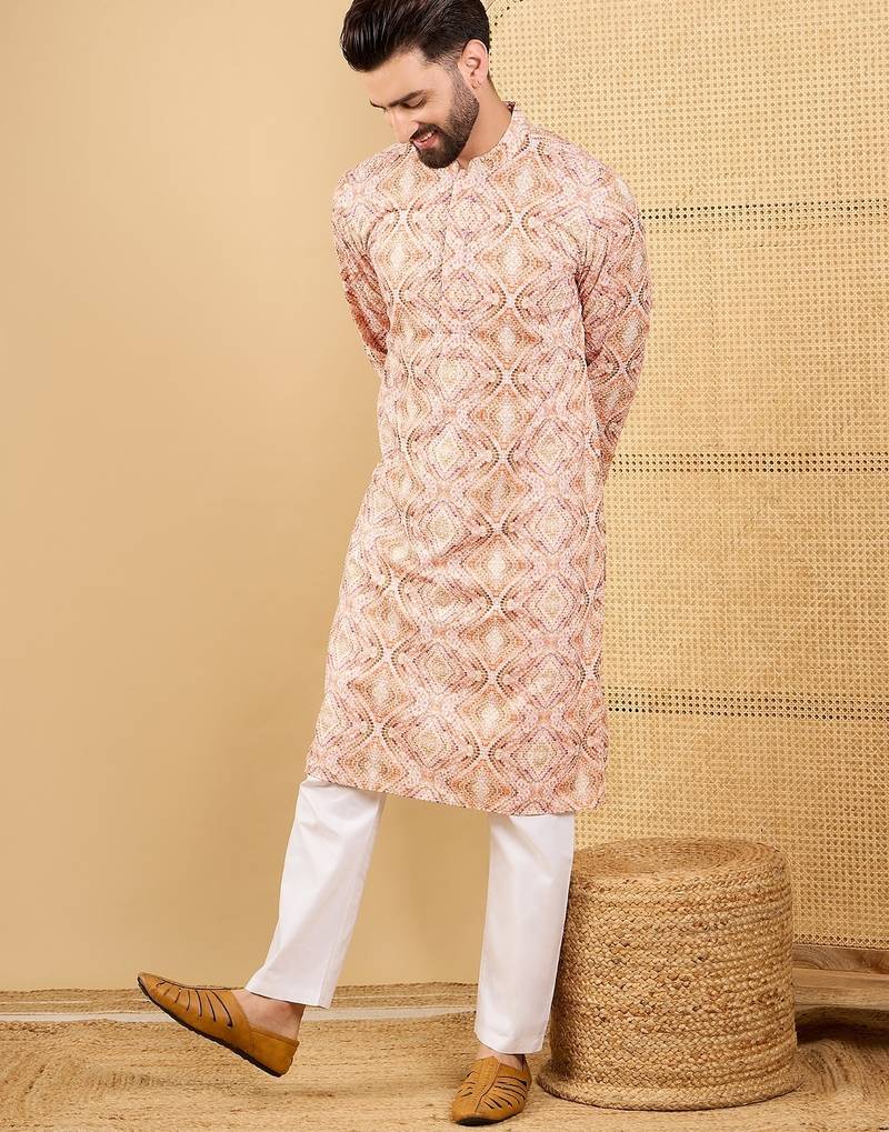 Men orange viscose rayon geometric embroidered straight kurta