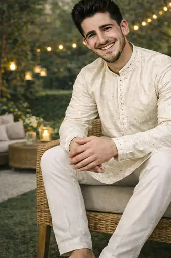 off white khadi cotton kurta pajama with embroidered work