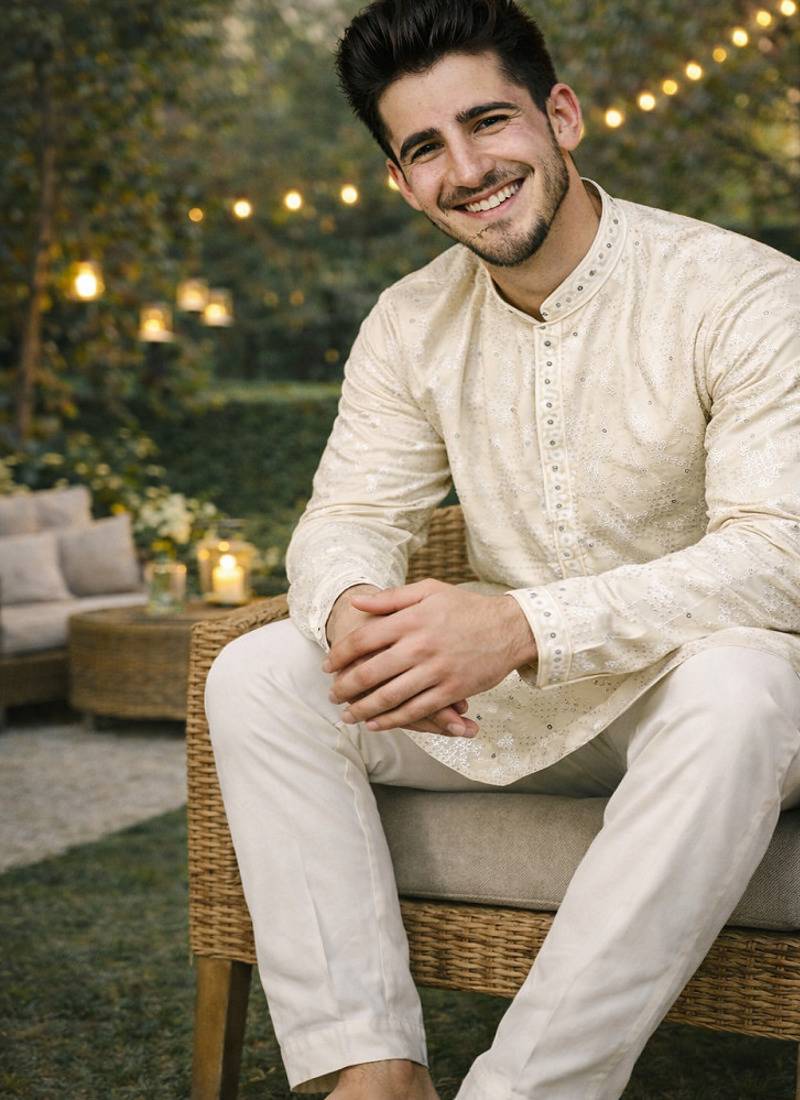 Off white color embroidery mirror work khadi cotton kurta payjama set