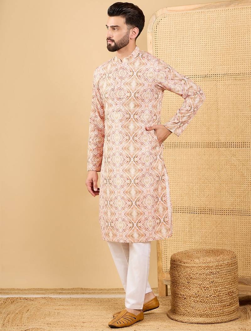 Men orange viscose rayon geometric embroidered straight kurta