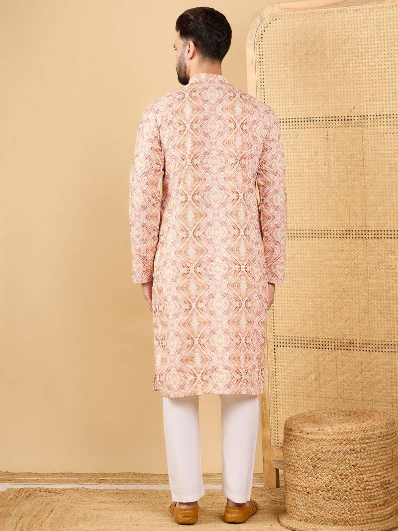 Men orange viscose rayon geometric embroidered straight kurta