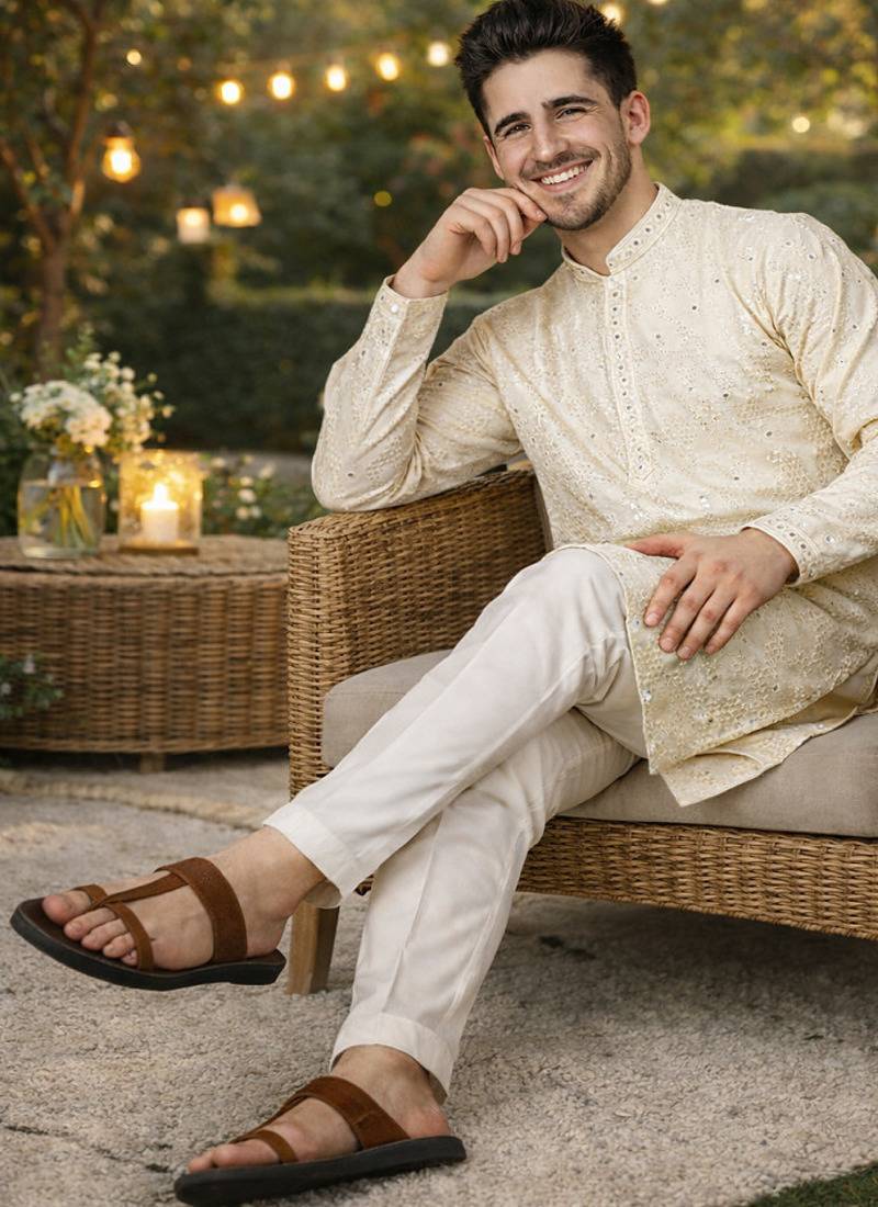 Off white color embroidery mirror work khadi cotton kurta payjama set