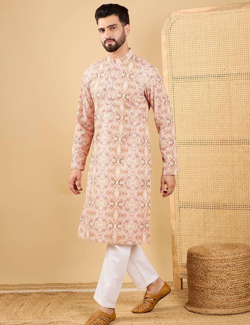 Men orange viscose rayon geometric embroidered straight kurta