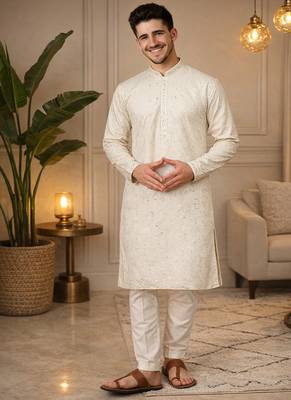 off white khadi cotton kurta pajama with embroidered work 1