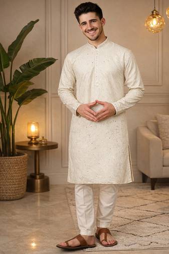 Off white color embroidery mirror work khadi cotton kurta payjama set