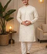 Off white color embroidery mirror work khadi cotton kurta payjama set