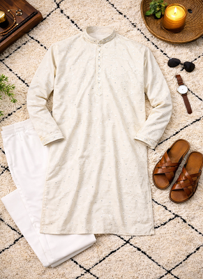 off white khadi cotton kurta pajama with embroidered work 5