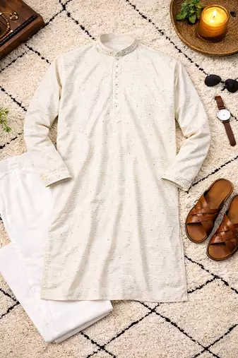 off white khadi cotton kurta pajama with embroidered work