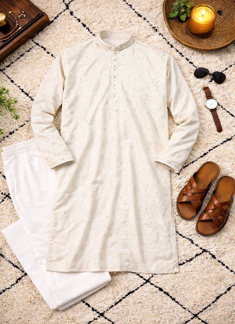 Off white color embroidery mirror work khadi cotton kurta payjama set