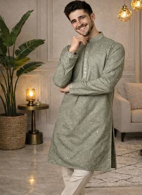 olive khadi cotton kurta pajama with embroidered work 2