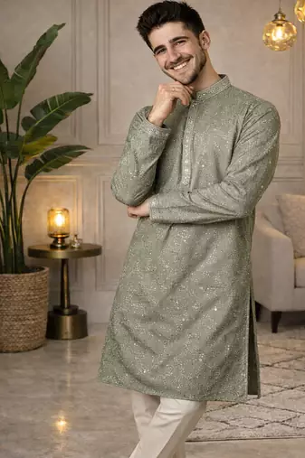olive khadi cotton kurta pajama with embroidered work
