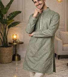 Olive color embroidery mirror work khadi cotton kurta payjama set