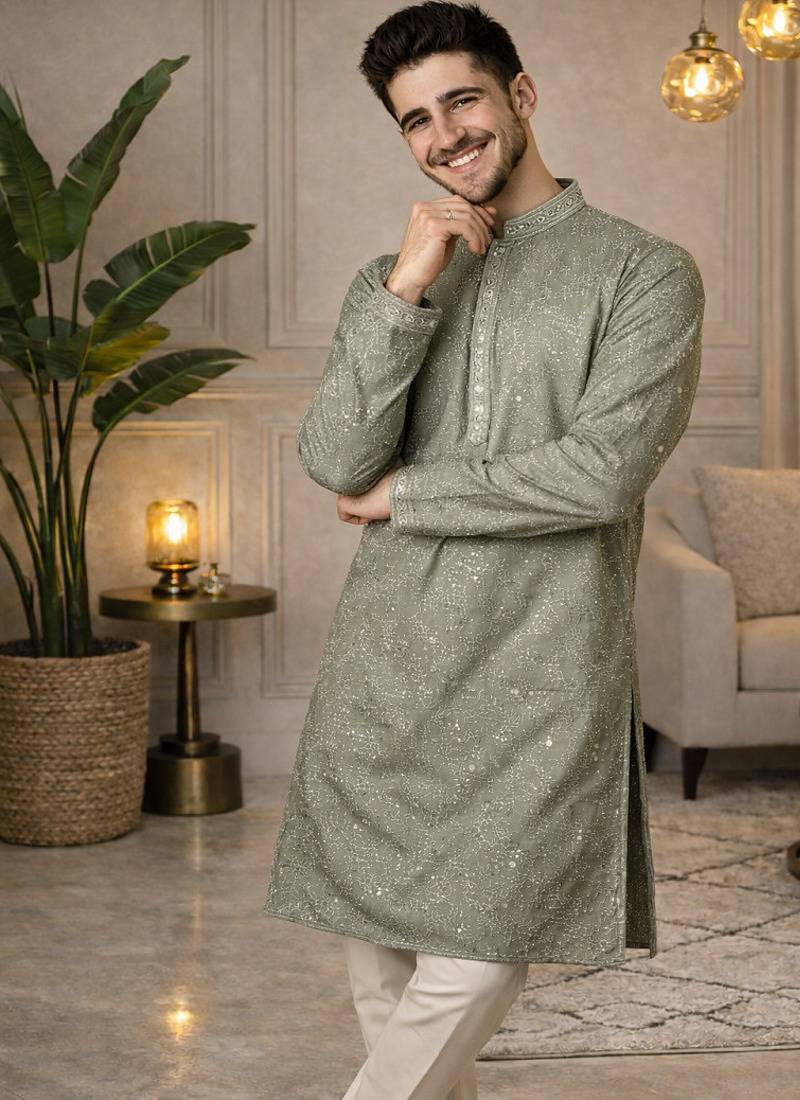 Olive color embroidery mirror work khadi cotton kurta payjama set