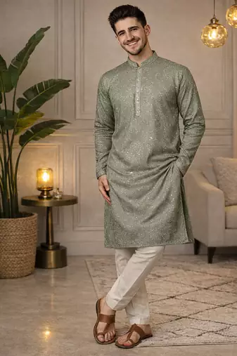 olive khadi cotton kurta pajama with embroidered work