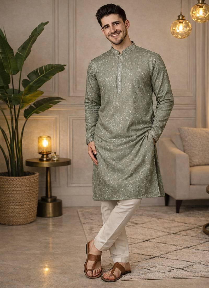 Olive color embroidery mirror work khadi cotton kurta payjama set