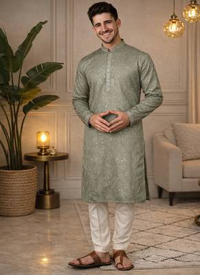 olive khadi cotton kurta pajama with embroidered work 1