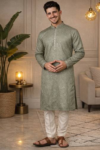 Olive color embroidery mirror work khadi cotton kurta payjama set