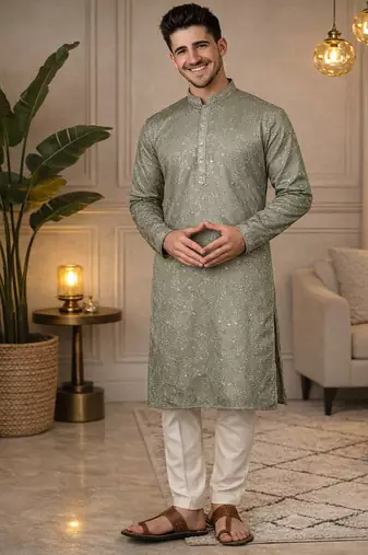 Olive color embroidery mirror work khadi cotton kurta payjama set