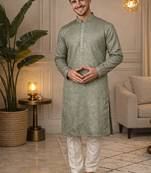 Olive color embroidery mirror work khadi cotton kurta payjama set