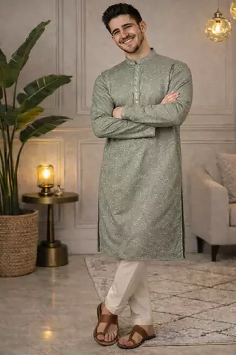 olive khadi cotton kurta pajama with embroidered work