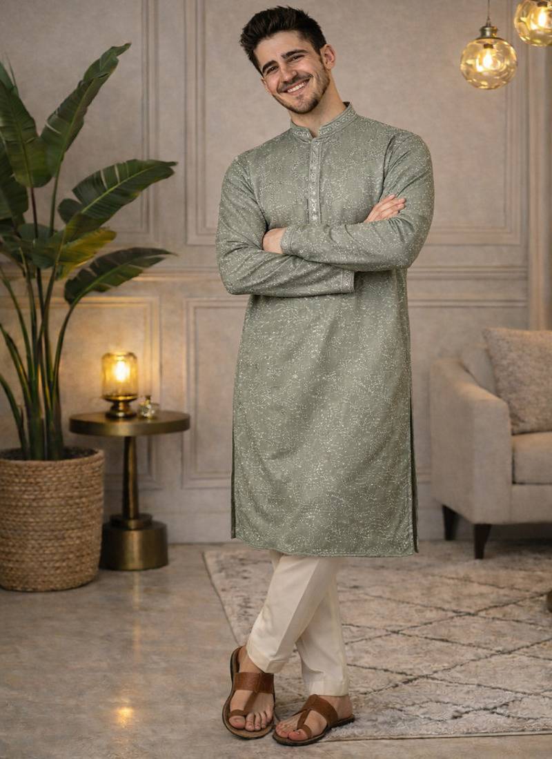 Olive color embroidery mirror work khadi cotton kurta payjama set