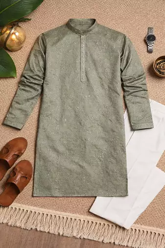 olive khadi cotton kurta pajama with embroidered work