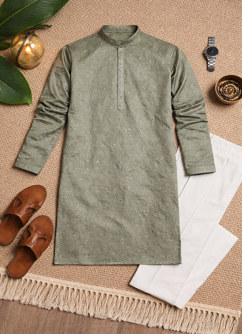Olive color embroidery mirror work khadi cotton kurta payjama set