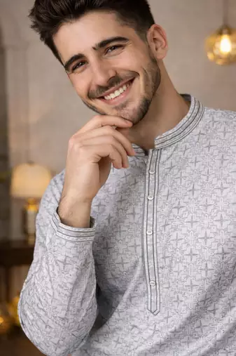 grey jacquard kurta pajama with zari work
